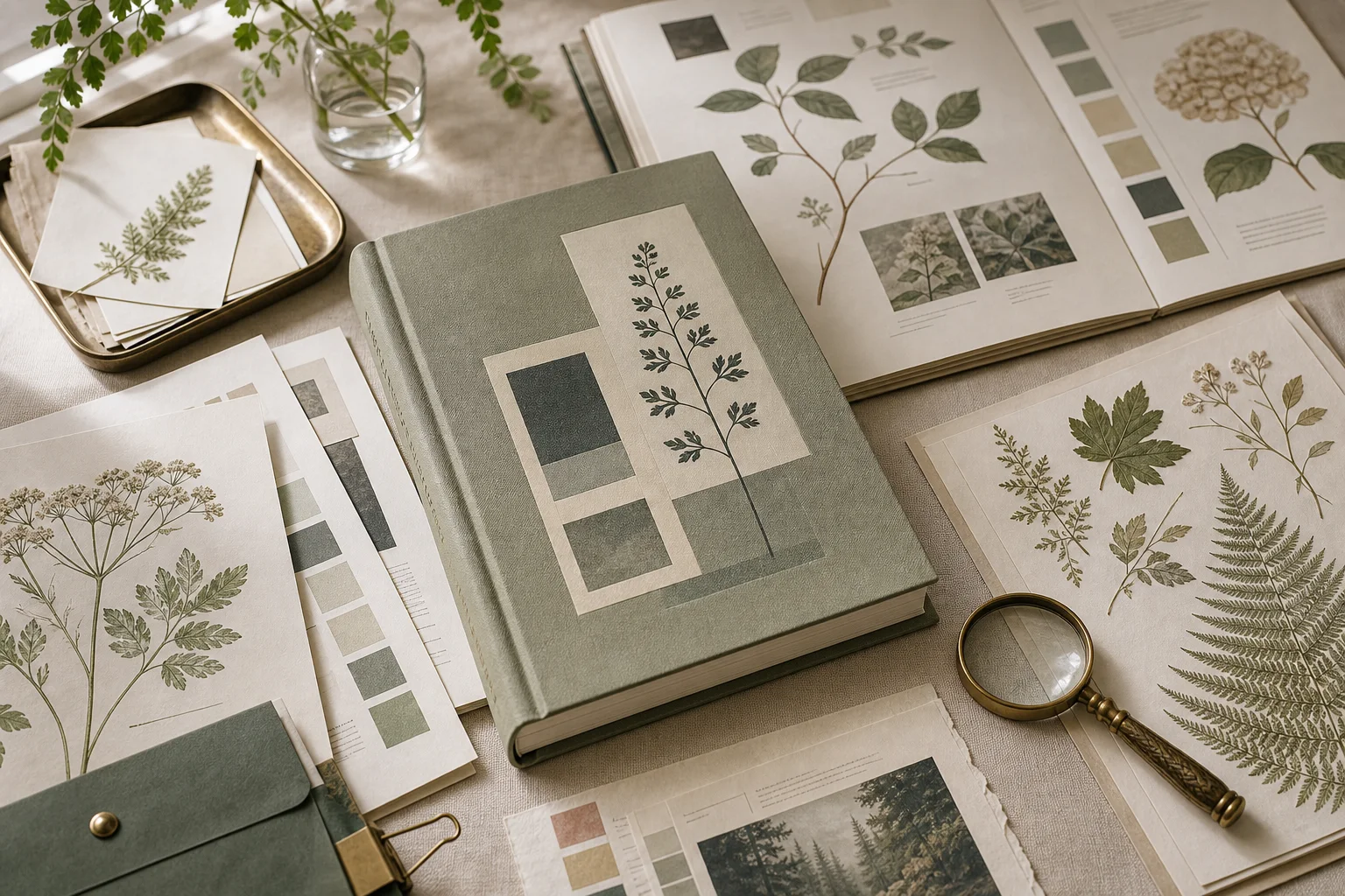 Botanical proof sheets, pressed leaves, and illustrated nonfiction materials