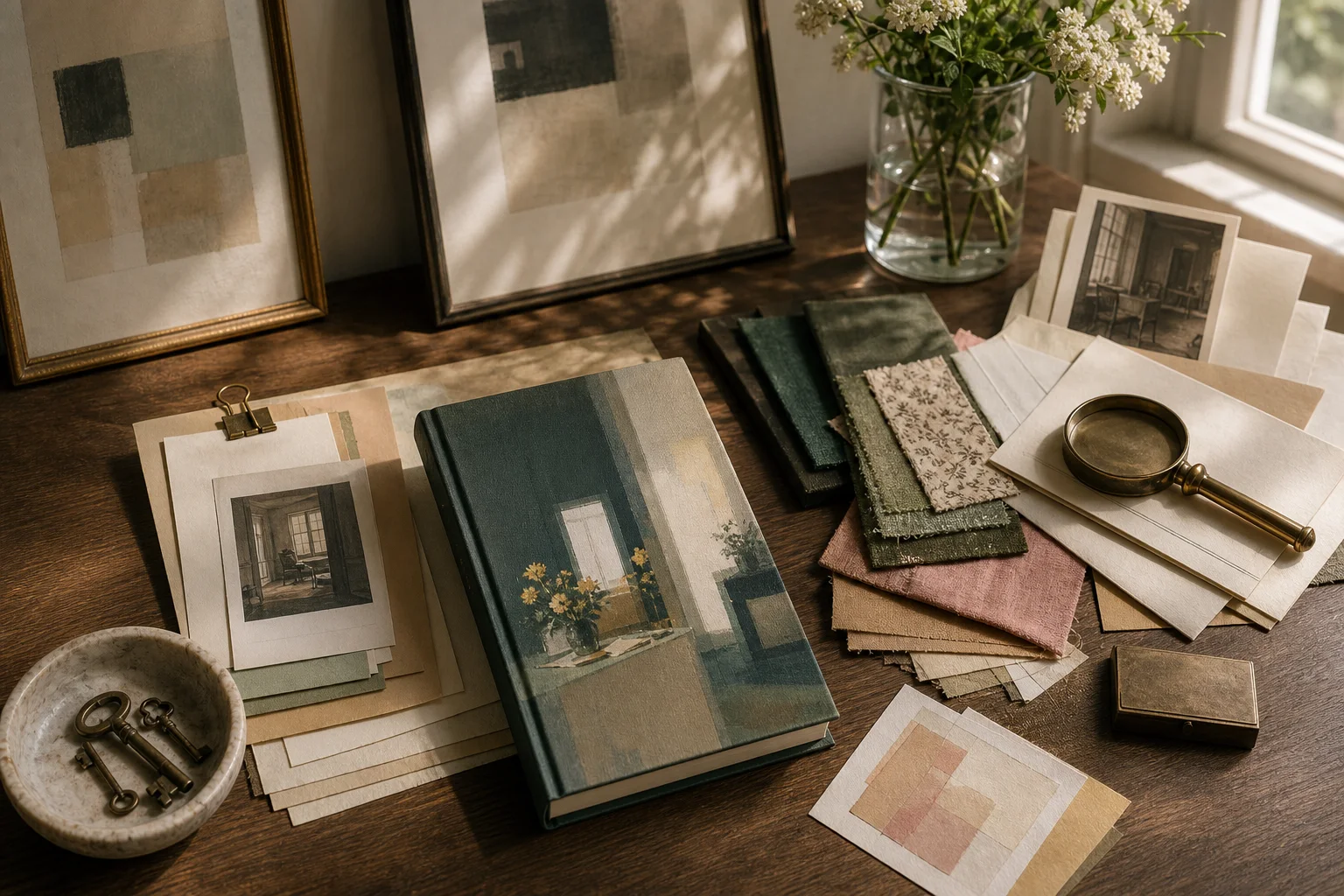 Sunlit art-room table with framed studies, estate notes, and literary materials