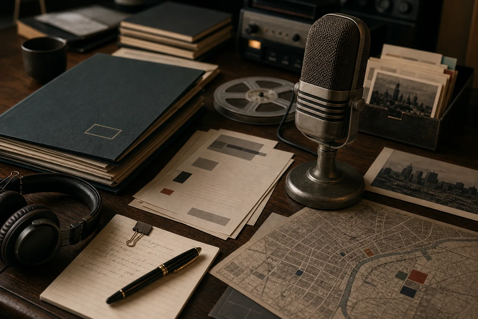Vintage microphone, headphones, city map fragments, and oral-history materials