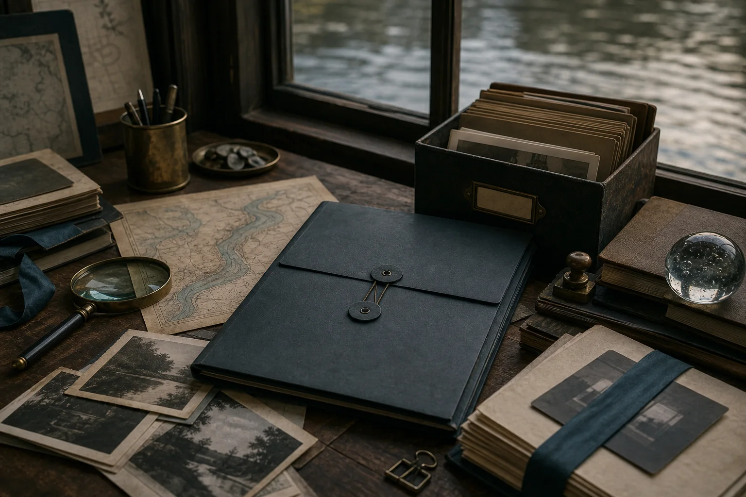 Archive table with river map fragments and literary rights materials