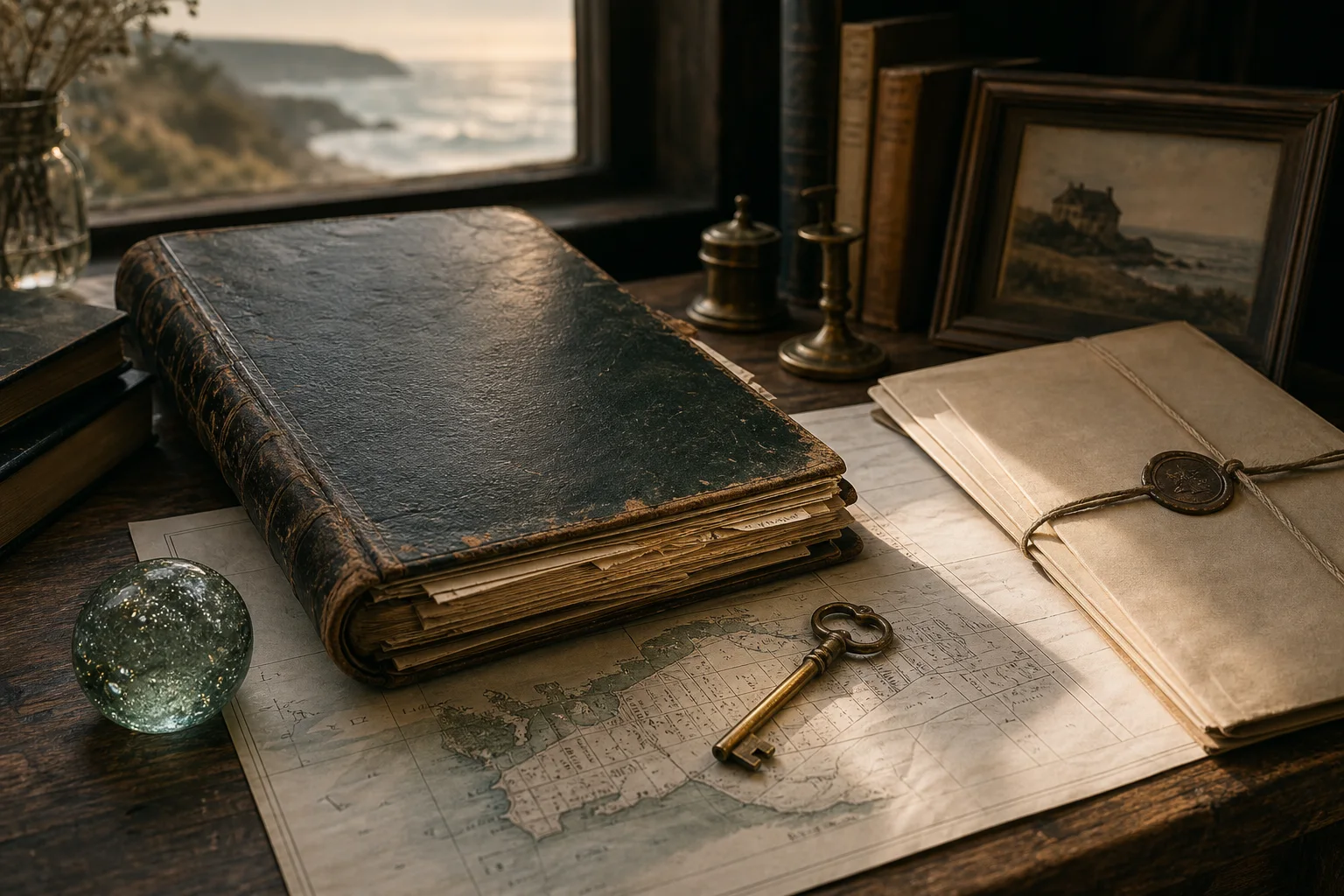 Coastal inheritance ledger, property map, brass key, and rights materials