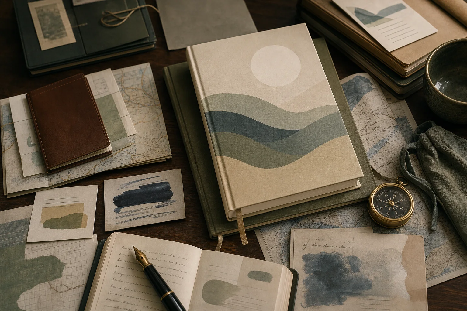 Folded maps, notebooks, and language cards for a migration and essays rights record