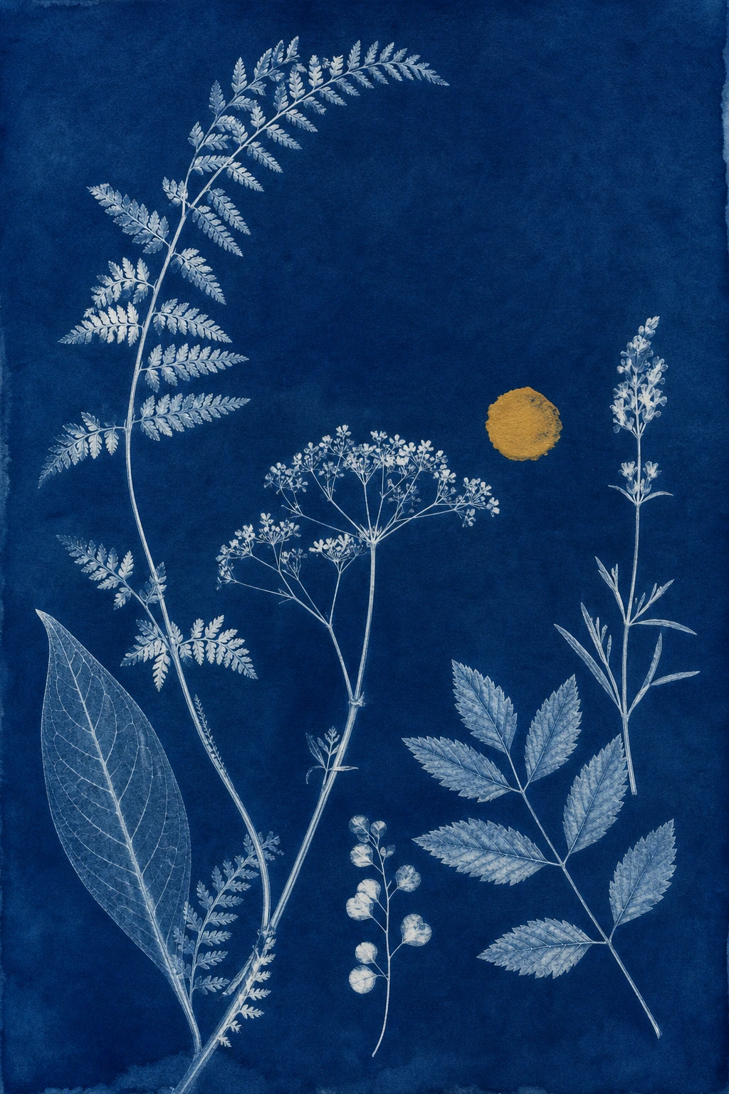 Prussian-blue cyanotype cover with distinct pressed botanical specimens and a saffron print mark