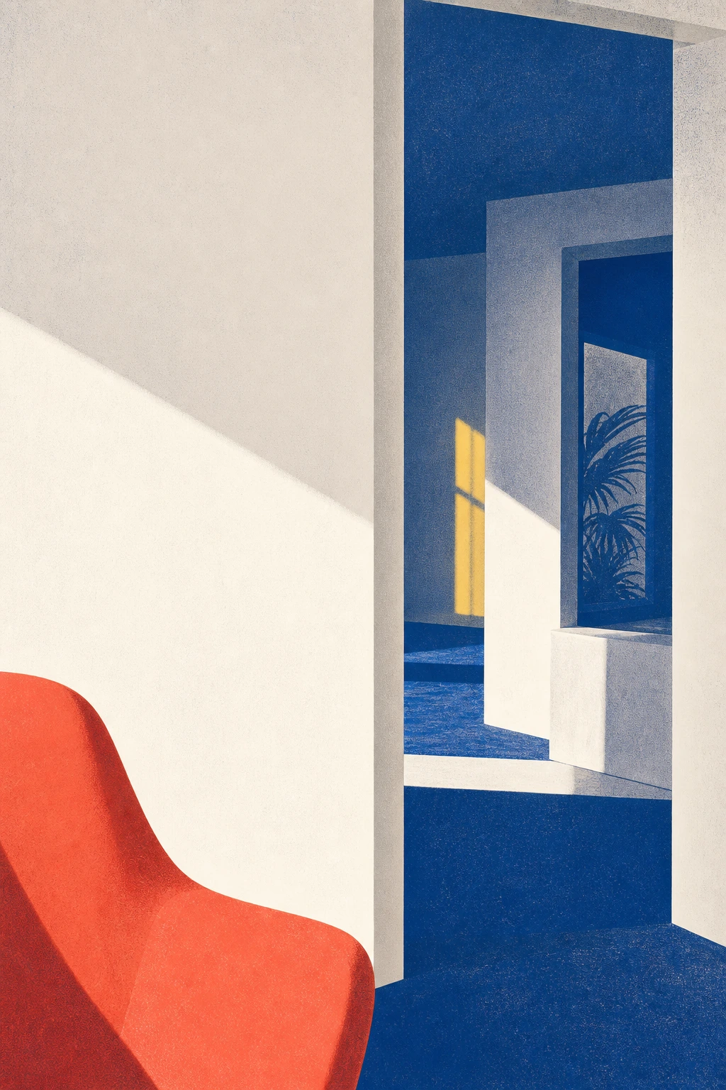 Modernist interior cover artwork in uncoated white, cobalt, coral, and a small saffron reflection