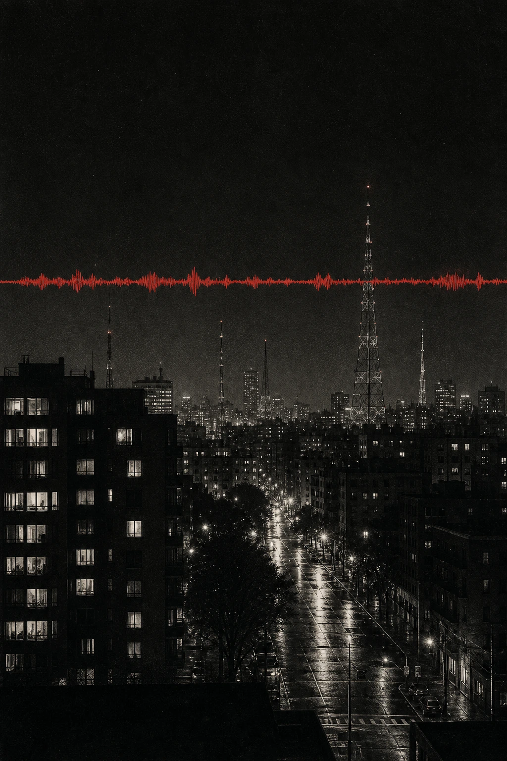 Grainy black-and-white night city photograph crossed by a vermilion sound waveform