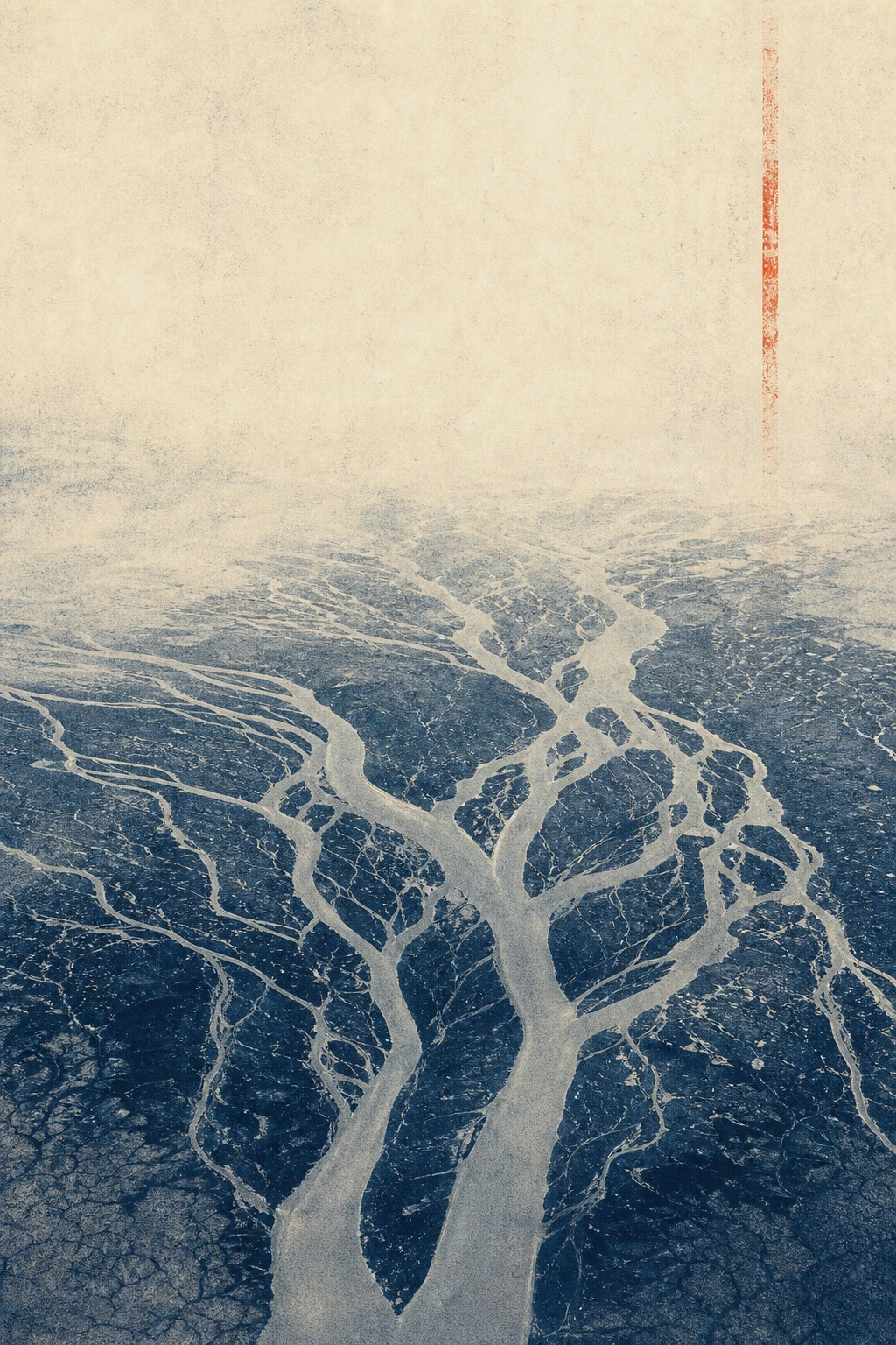 Indigo photogravure of a branching river delta with a restrained vermilion archive mark
