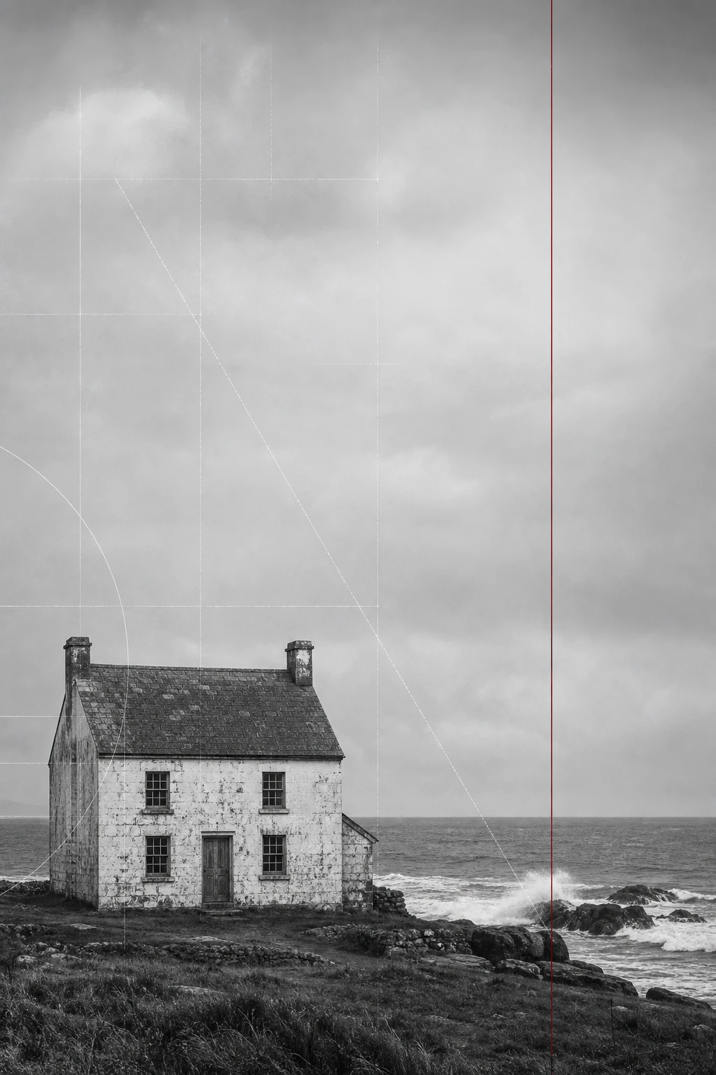 Black-and-white coastal house photograph with property-survey lines and an oxblood ledger rule