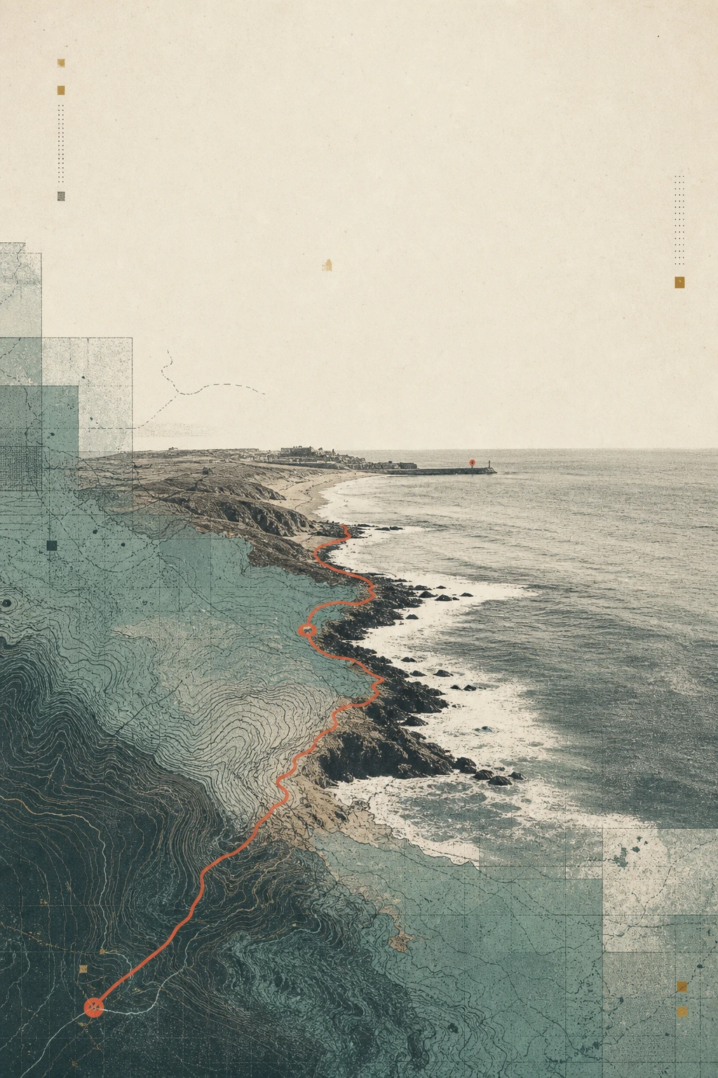 Coastal cartographic cover artwork with a coral route line and weathered sea-green map fields
