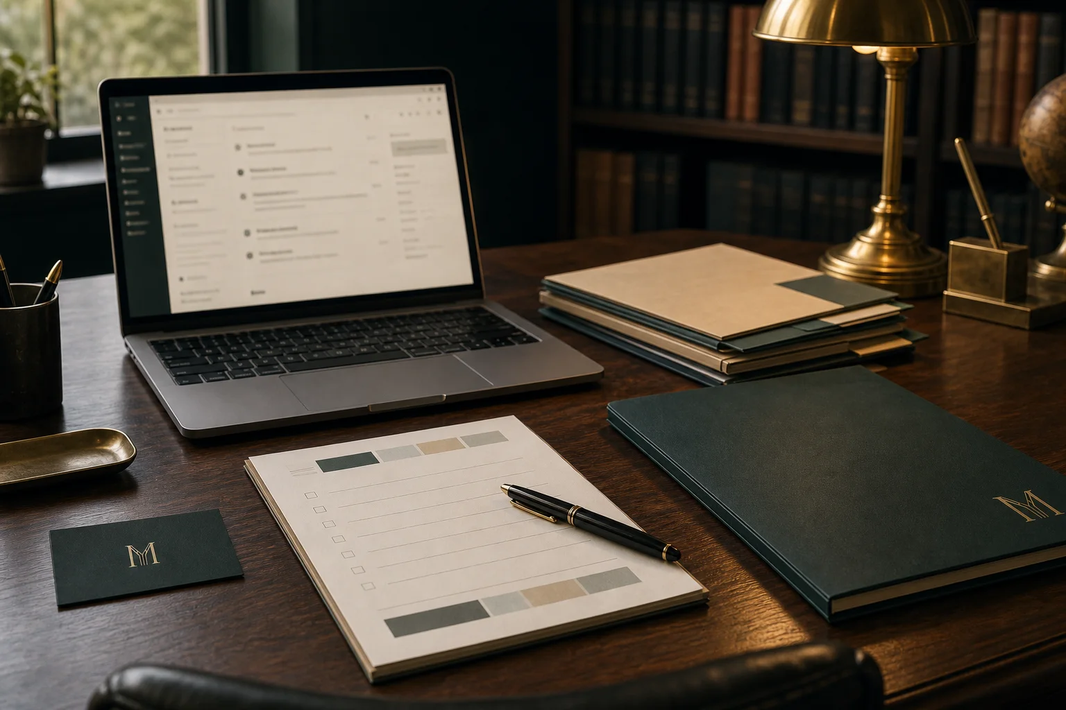 Rights inquiry desk with folder stack, checklist, laptop, stationery, and Maquine materials