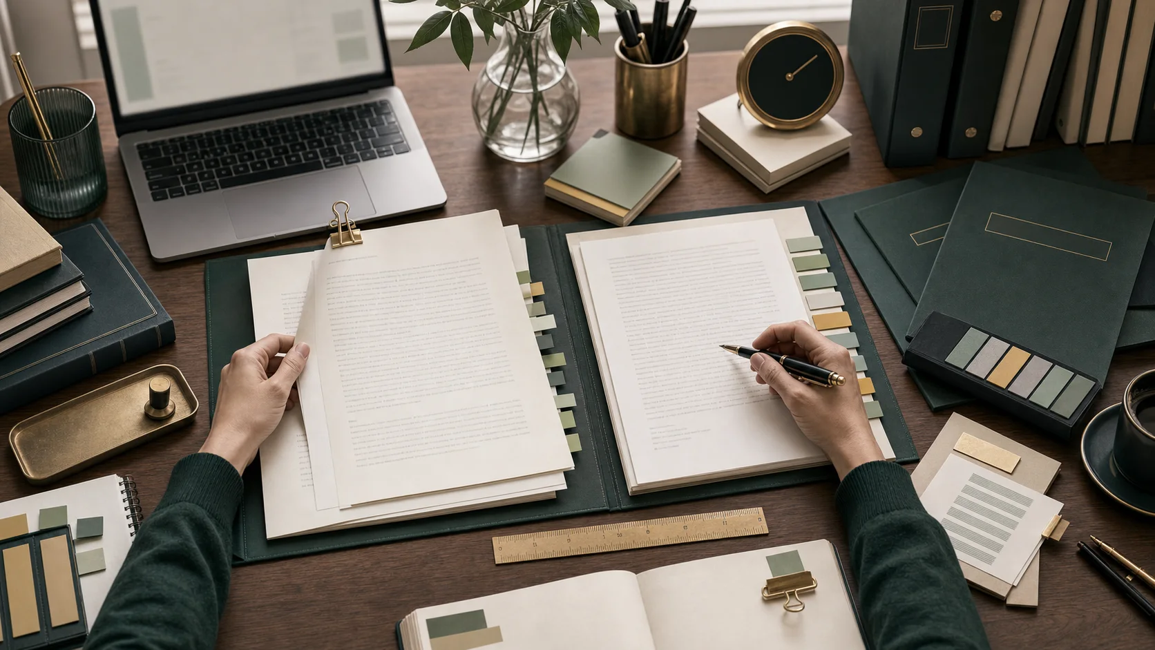 Language-pair localization desk with manuscript pages, glossary cards, and editorial notes
