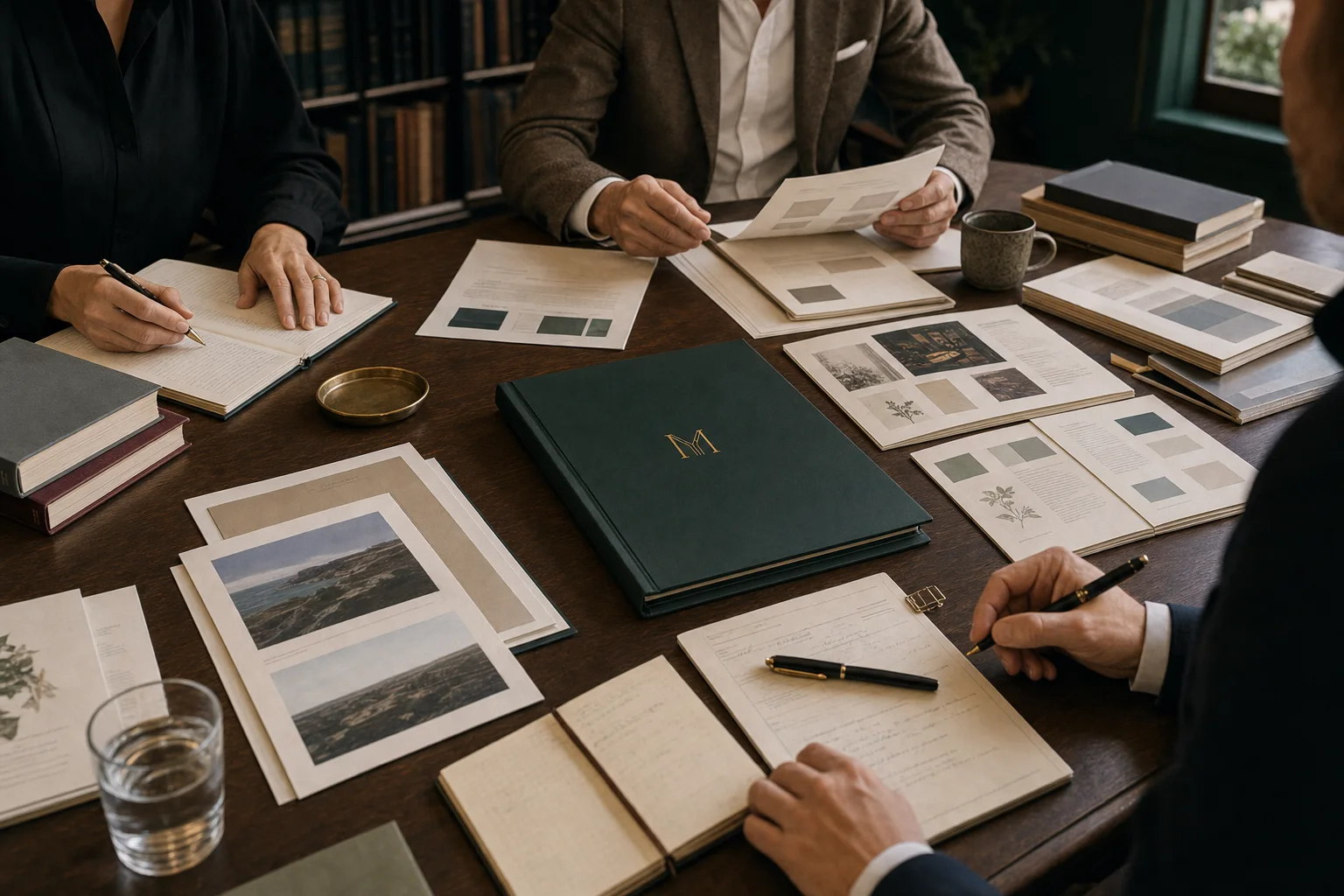 Publishing partnership meeting with rights folders, samples, and market materials on a boardroom table