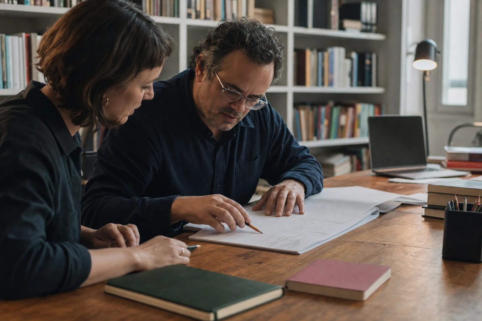 Author and publishing editor discussing a manuscript together in an independent studio