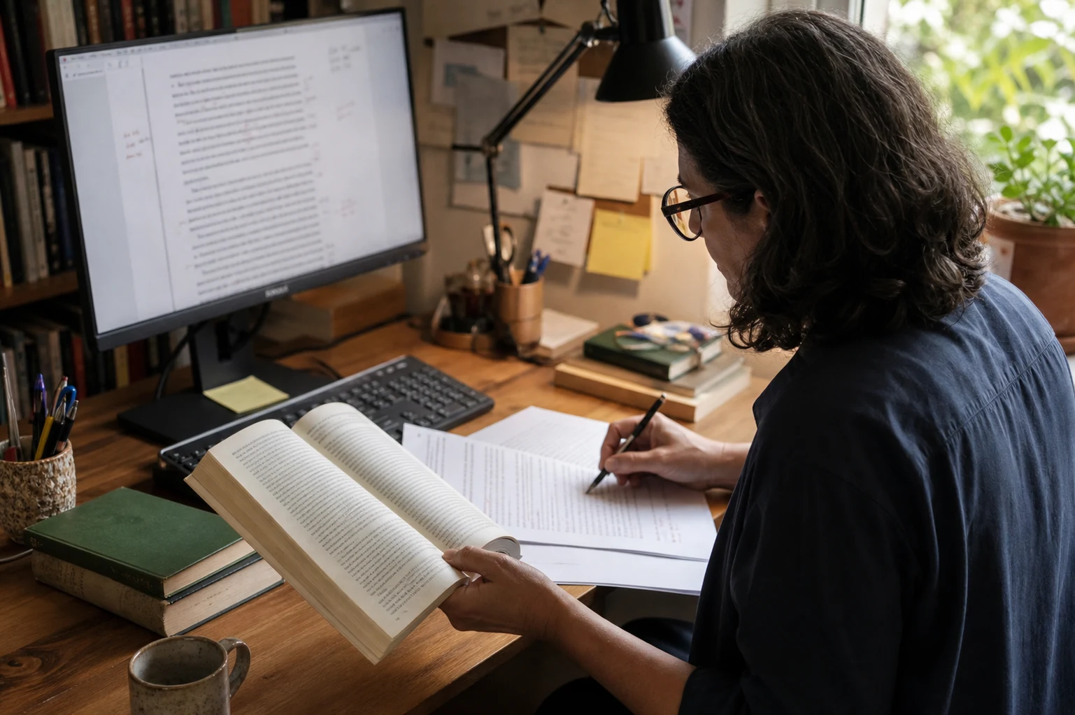 Localization editor reviewing a translated manuscript and production notes