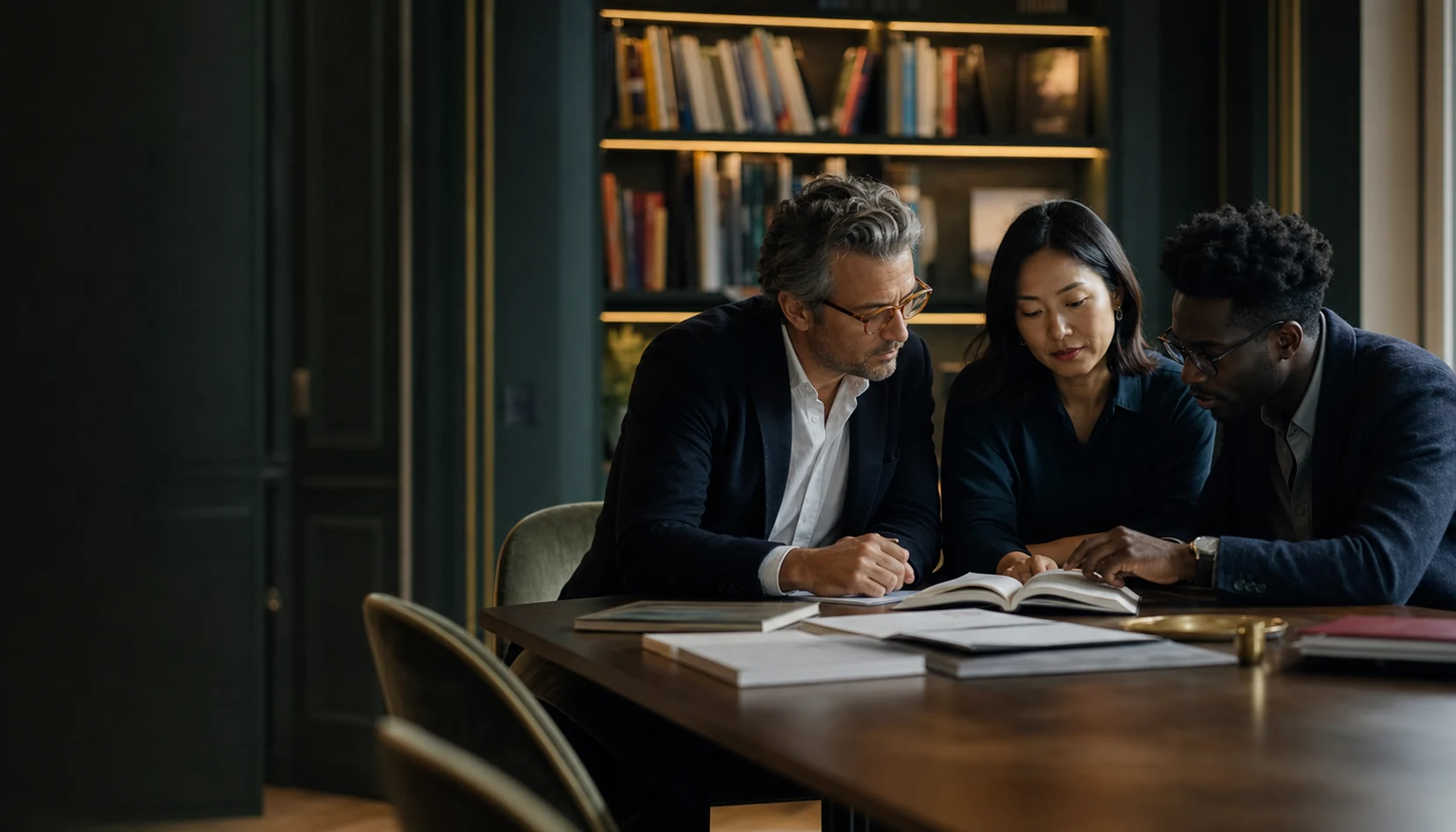 Publishing professionals reviewing books and market materials in an editorial consultation