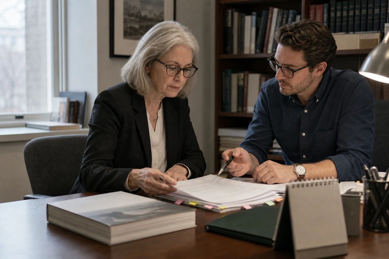 Senior rights manager reviewing a tabbed publishing agreement with a colleague