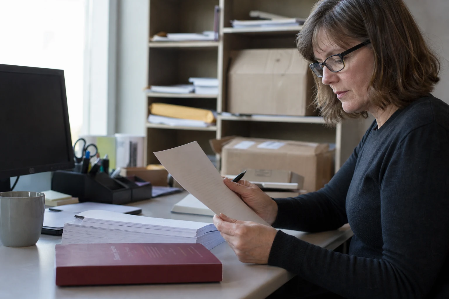Editorial coordinator reviewing the rights and materials inside a submitted manuscript packet